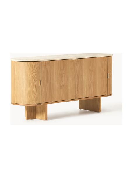 Holz-Sideboard Zumi mit abgerundeten Ecken und Travertinplatte, Korpus: Mitteldichte Holzfaserpla, Ablagefläche: Travertin, Griffe: Metall, Eichenholz, Travertin Beigetöne, B 160 x H 75 cm