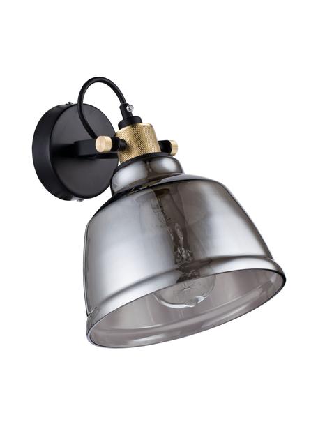 Verstelbare wandlamp Irving van rookglas, Lampenkap: rookglas, Frame: gecoat metaal, Rookglas, zwart, goudkleurig, D 25 x H 27 cm