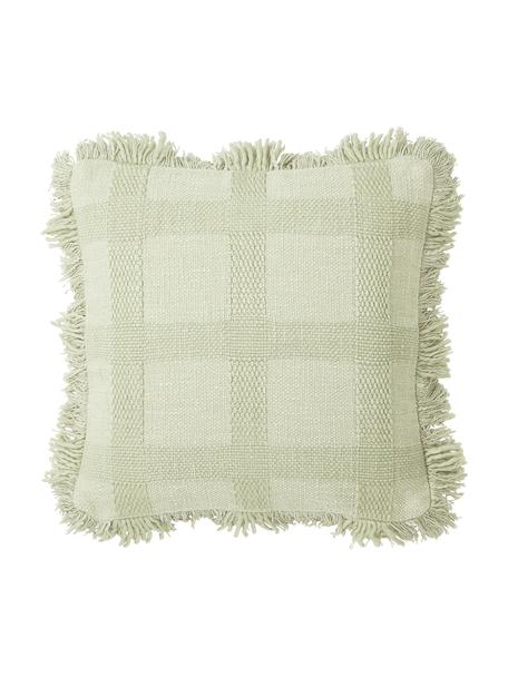 Geruite kussenhoes Kaspar met franjes, 59% wol, 41% katoen, Groen, B 45 x L 45 cm