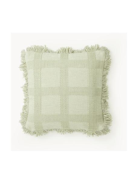 Housse de coussin 45x45 à carreaux avec franges Kaspar, 59 % laine, 41 % coton, Vert, larg. 45 x long. 45 cm