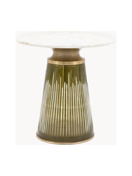 Ručně foukaný skleněný odkládací stolek s mramorovou deskou Seville, kulatý, Olivově zelená, bílá, mramorovaná, Ø 46 cm, V 46 cm