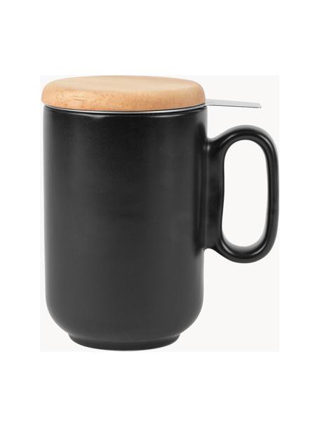 Tasse Baltika mit Teesieb und Deckel, Becher: Steingut, Deckel: Bambus, Sieb: Rostfreier Stahl, Schwarz, Helles Holz, Ø 9 x H 14 cm, 500 ml