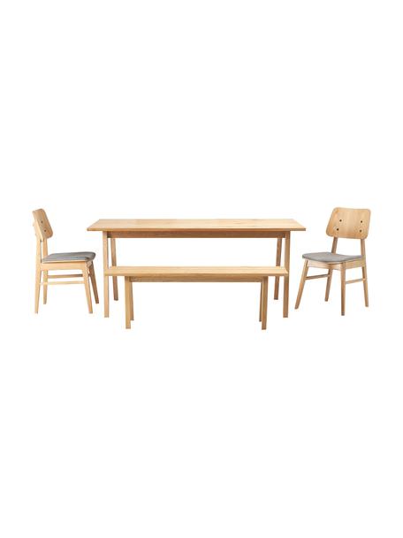 Eettafelset Melfort met zitbank en stoelen Nagano, 4-delig, Tafelblad: MDF met wild eikenhoutfin, Poten: massief berkenhout met ei, Zitvlak: MDF met wild eikenhoutfin, Poten: massief berkenhout met ei, Hout, geweven stof lichtgrijs, Set met verschillende formaten