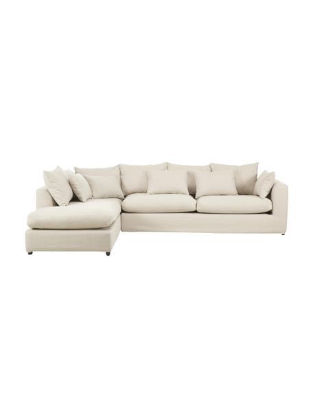 Sofa narożna Zach, Tapicerka: polipropylen Dzięki tkani, Nogi: tworzywo sztuczne, Kremowobiała tkanina, S 300 x G 213 cm, lewostronna