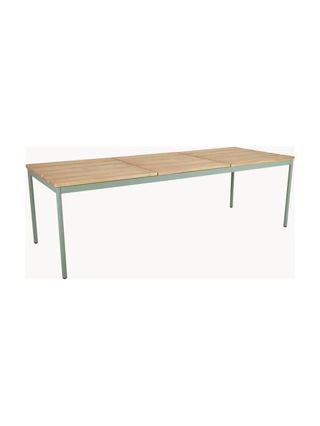 Tavolino da giardino con piano in teak Nox, Piano del tavolo: legno di teak oliato, Struttura: alluminio rivestito, Verde salvia, Larg. 238 x Prof. 90 cm