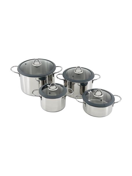 Edelstahl-Kochtöpfe Milano, 8er-Set, Deckel: Glas, Silikon, Silberfarben, Grau, Set mit verschiedenen Grössen