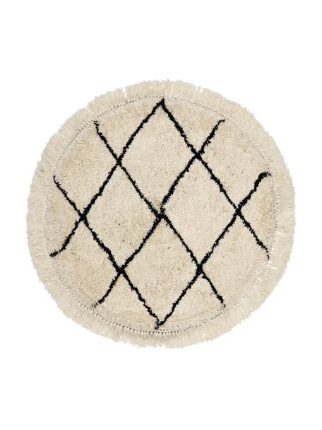 Ručně všívaný nadýchaný kulatý koberec s vysokým vlasem a třásněmi Naima, Krémově bílá, černá, Ø 120 cm (velikost S)