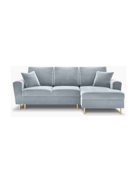 Canapé d'angle 3 places en velours avec fonction lit et rangement Moghan, Velours bleu ciel, couleur laitonnée, larg. 241 x prof. 145 cm, méridienne à droite