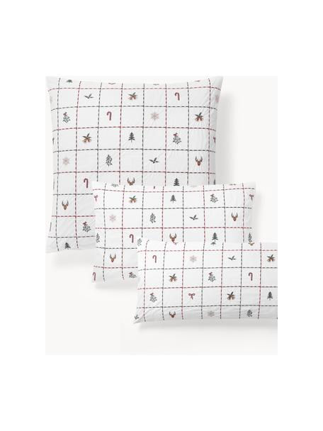 Taie d'oreiller en percale de coton avec imprimé Noël brodé Rudy, Blanc, multicolore, larg. 50 x long. 70 cm