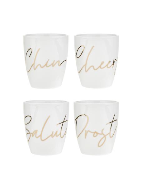 Set 4 tazze in porcellana con scritta dorata Cheers, Porcellana, Bianco, oro, Ø 9 x Alt. 10 cm, 380 ml