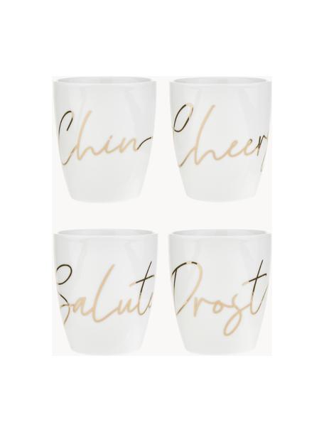 Porzellan Tassen Cheers, 4er-Set, Porzellan, Weiß, Goldfarben, Ø 9 x H 10 cm, 380 ml