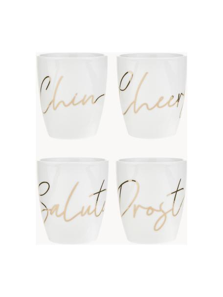 Set 4 tazze in porcellana con scritta dorata Cheers, Porcellana, Bianco, oro, Ø 9 x Alt. 10 cm, 380 ml