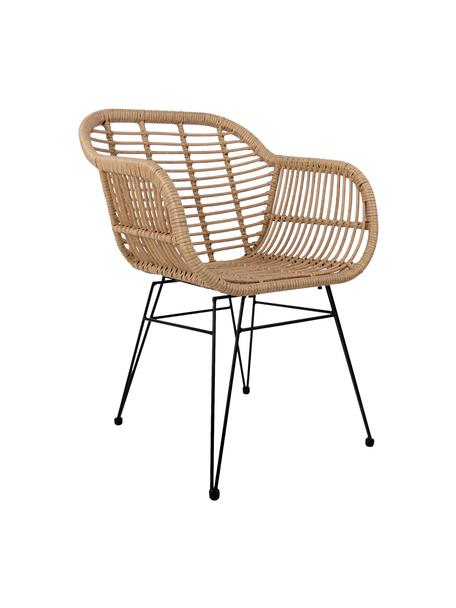 Krzesło z podłokietnikami z polirattanu Costa, 2 szt., Stelaż: metal malowany proszkowo, Jasny brązowy, czarny, S 59 x G 58 cm