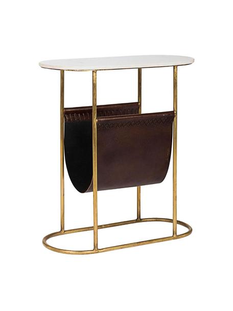 Odkládací stolek s mramorovou deskou a stojanem na časopisy Marmol, Bílá, hnědá, mosazná, Š 53 cm, H 23 cm