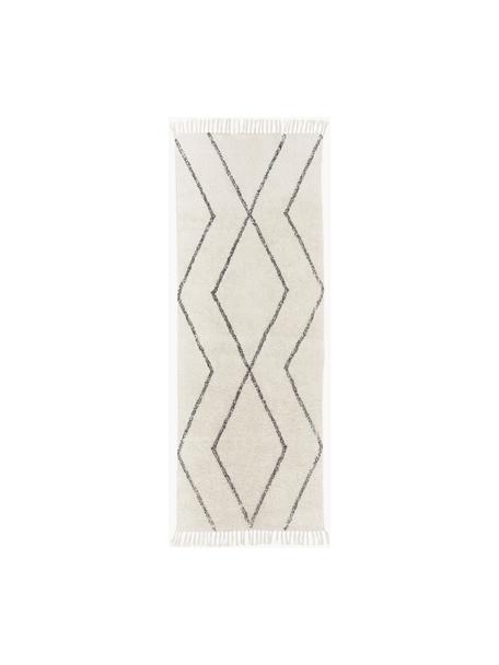 Handgetufte katoenen loper Bina met ruitjesmotief en franjes, Bovenzijde: 100 % katoen, Onderzijde: latex, Beige, zwart, B 80 x L 200 cm