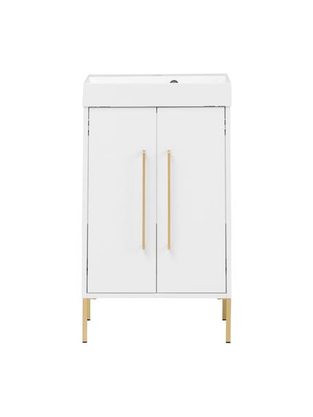 Waschtisch mit Unterschrank Palladia, B 50 cm, Griffe: Metall, beschichtet, Füße: Metall, beschichtet, Weiß, Goldfarben, B 50 x H 89 cm