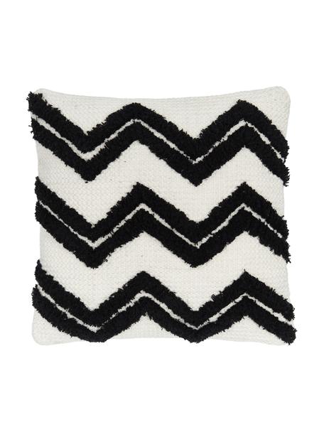 Boho kussenhoes Akesha met getuft zigzagpatroon, 100% katoen, Ecru, zwart, B 45 x L 45 cm
