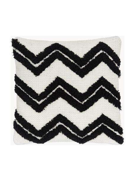 Boho kussenhoes Akesha met getuft zigzagpatroon, 100% katoen, Ecru, zwart, B 45 x L 45 cm