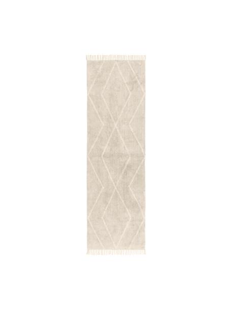 Handgetufte katoenen boho loper Bina met ruitjesmotief en franjes, Beige, wit, B 80 x L 250 cm