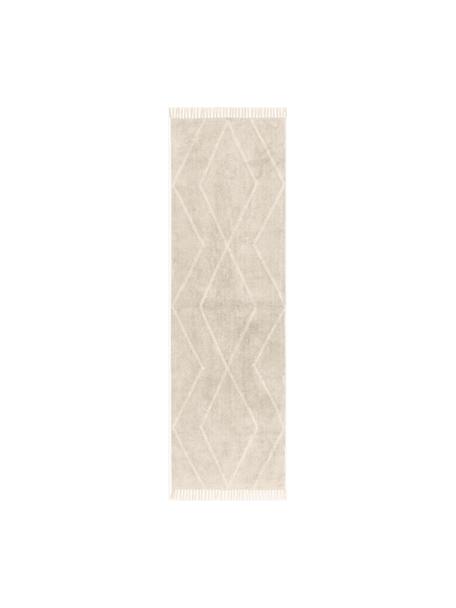 Handgetufte katoenen loper Bina met ruitjesmotief en franjes, Beige, B 80 x L 250 cm