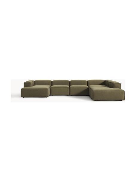 Canapé lounge modulable Lennon, Tissu vert olive, larg. 418 x prof. 269 cm, méridienne à droite