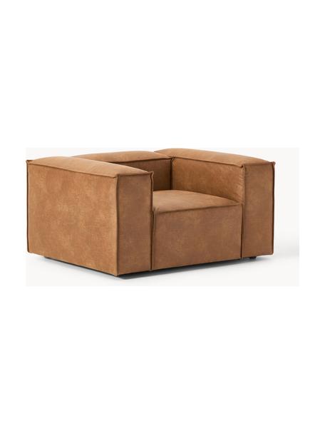 Fauteuil Lennon van gerecycled leer, Bekleding: gerecycled leer (70% leer, Frame: massief hout, multiplex, Poten: kunststof Dit product is , Leer bruin, B 130 x H 101 cm