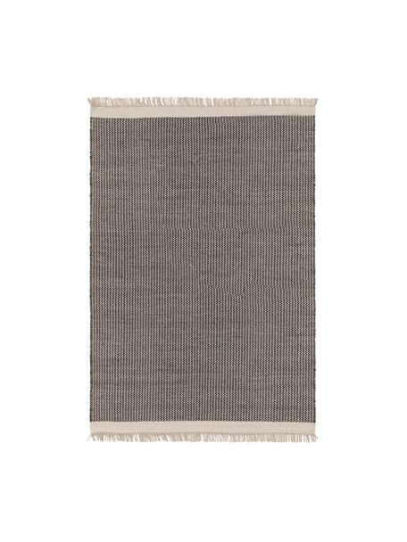 Tapis en laine à franges tissé main Kim, 80 % laine, 20 % coton

Les tapis en laine peuvent perdre des fibres lors des premières semaines et des peluches peuvent se former, ce phénomène est naturel et diminue à mesure de votre usage et du temps, Noir, beige, larg. 80 x long. 120 cm (taille XS)