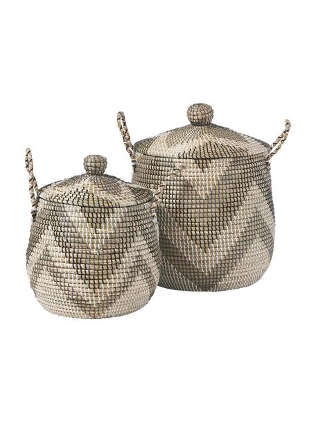 Paniers de rangement avec couvercle Mija, 2 élém., Jonc de mer, Beige, blanc, gris, noir, Ø 45 x haut. 52 cm