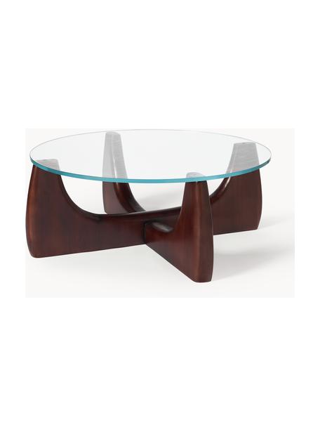 Tavolino rotondo da salotto in legno con piano in vetro Miya, Gambe: legno massello di pioppo,, Legno di pioppo laccato marrone scuro, trasparente, Ø 100 x Alt. 40 cm