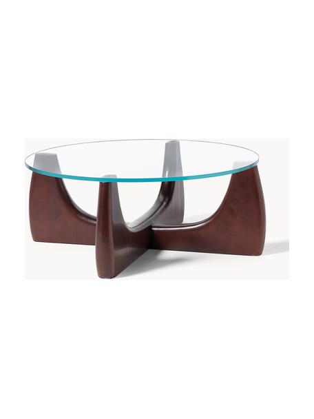 Ronde houten salontafel Miya met glazen tafelblad, Poten: massief populierenhout, Tafelblad: glas Dit product is gemaa, Populierenhout, bruin gelakt, transparant, Ø 107 x H 40 cm