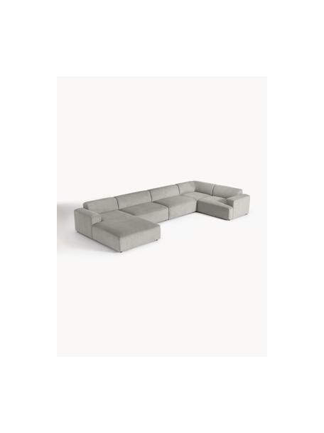 Divano angolare XL in velluto a coste Melva, Rivestimento: velluto a coste (92% poli, Struttura: legno massiccio di pino e, Piedini: plastica, Velluto a coste grigio, Larg. 458 x Prof. 220 cm, chaise-longue a destra