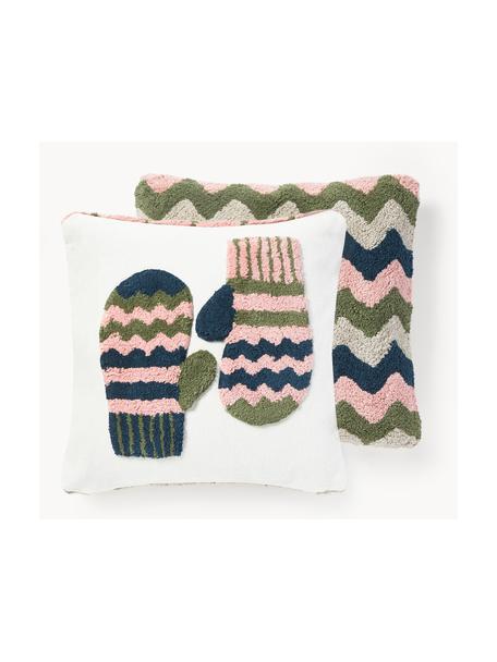 Getufte dubbelzijdige kussenhoes Nathaniel met winters motief, 100% katoen, Oudroze, groen, blauw, B 45 x H 45 cm