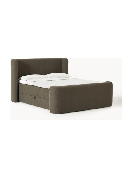 Bouclé-Boxspringbett Perla mit Stauraum, Bezug: Bouclé (71 % Polyacryl, 2, Matratze: 7-Zonen-Taschenfederkernm, Bouclé Olivgrün, B 180 x L 200, Härtegrad H2+H3