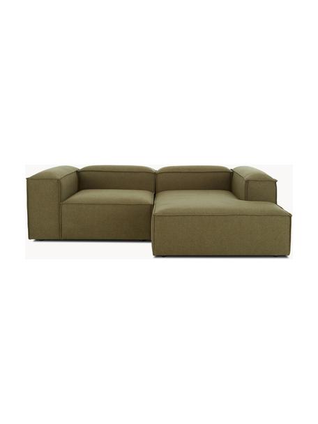 Modulaire hoekbank Lennon, Bekleding: 100% polyester, Frame: massief grenenhout FSC-ge, Poten: kunststof, Geweven stof olijfgroen, B 238 x D 180 cm, hoekdeel rechts