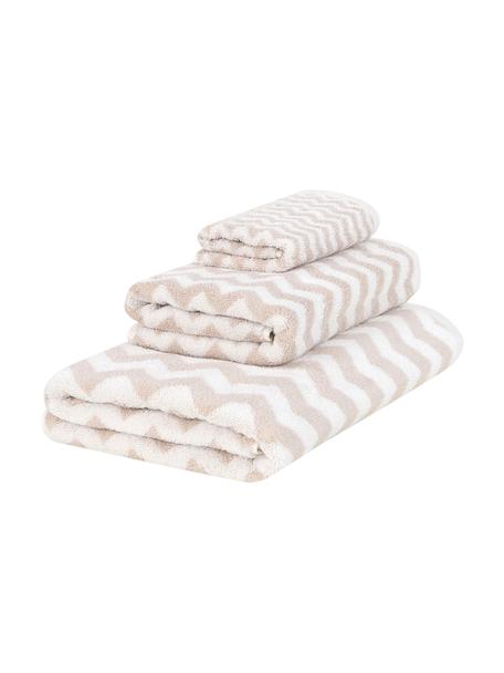 Set 3 asciugamani con motivo a zigzag Liv, Sabbia & bianco crema, fantasia, Set in varie misure