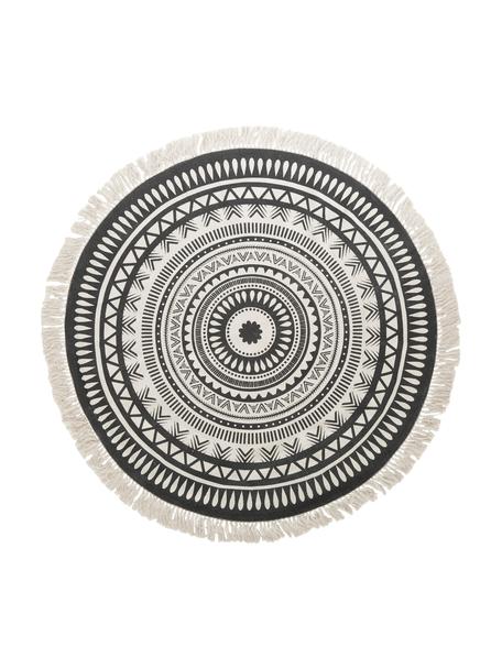 Rond vloerkleed Benji met franjes, vlak geweven, 100% katoen, Zwart, beige, Ø 150 cm (maat M)