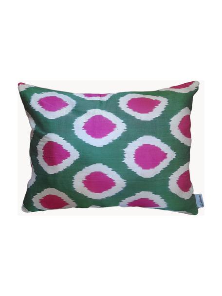 Coussin décoratif en soie avec motif abstrait Silky, Vert foncé, rose vif, blanc, larg. 40 x long. 60 cm