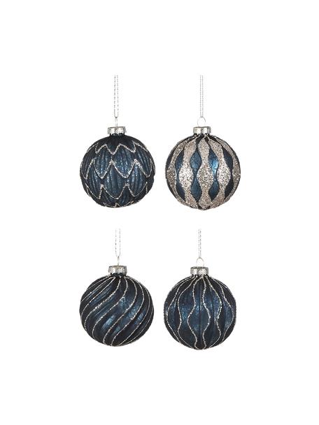 Kerstballen Aurora Ø 8 cm, 12 stuks, Glas, Donkerblauw, zilverkleurig, Ø 8 cm