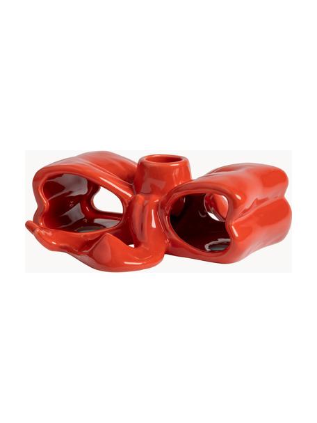 Candelabro fatto a mano Ribbon, Gres, Rosso lucido, Larg. 18 x Alt. 6 cm