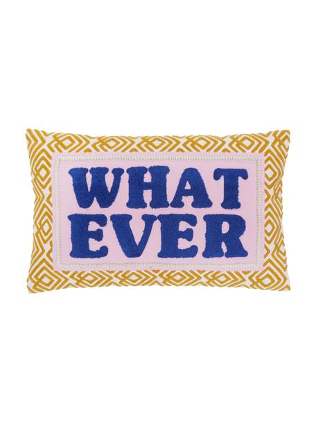 Kussenhoes Whatever met geborduurde tekst, Geel, blauw, roze, B 30 x L 50 cm