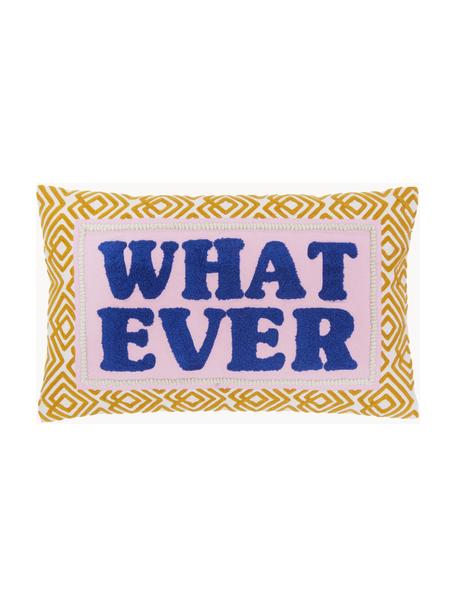 Housse de coussin avec slogan brodé Whatever, Jaune moutarde, rose pâle, bleu foncé, larg. 30 x long. 50 cm