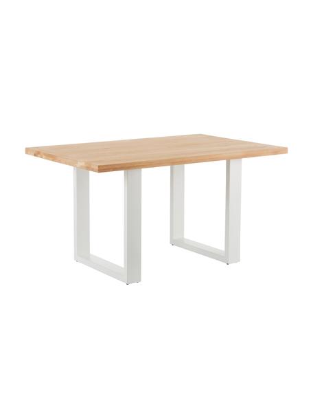 Tavolo con piano in legno massello Oliver, Gambe: metallo verniciato a polv, Quercia selvatica, bianco, Larg. 140 x Prof. 90 cm