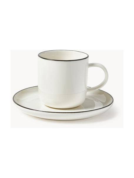 Tazas con platitos de porcelana Facile, 2 uds., Porcelana dura de alta calidad (aprox. 50% caolín, 25% cuarzo y 25% feldespato), Blanco Off White con borde negro, Ø 8 x Al 8 cm, 270 ml