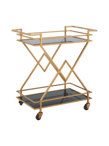 Bar cart Ben met antieke afwerking, Plateaus: getint glas, Frame: gelakt metaal, Wieltjes: kunststof, Goudkleurig, B 76 x H 80 cm