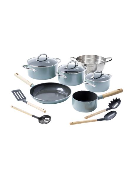 Set de cuisine avec revêtement antiadhésif Mayflower, 10 élém., Bleu ciel, bois de frêne, Lot de différentes tailles