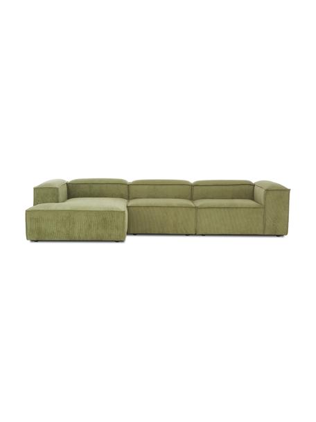Canapé d'angle modulable en velours côtelé Lennon, Velours côtelé vert, larg. 327 x prof. 180 cm, méridienne à gauche