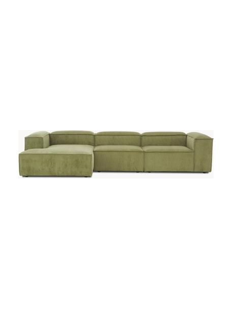 Modulares Ecksofa Lennon aus Cord, Bezug: Cord (92 % Polyester, 8 %, Gestell: Massives Kiefernholz FSC-, Füße: Kunststoff, Cord Olivgrün, B 327 x T 180 cm, Eckteil links