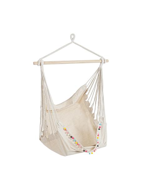 Silla colgante con pompones Pon-Pon, Estructura: madera dura, Asiento: 65% algodón, 35% poliéste, Blanco crema, An 135 x L 100 cm
