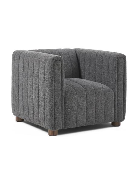 Poltrona in bouclé color antracite con piedini in legno Antonio, Rivestimento: bouclé (100% poliestere) , Struttura: legno massiccio, compensa, Gambe: legno di quercia, Bouclè antracite, Larg. 88 x Alt. 71 cm