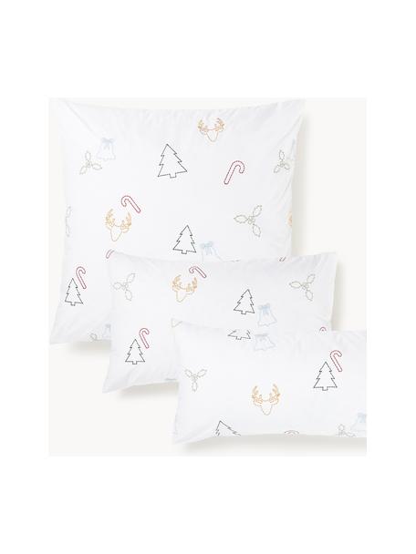 Taie d'oreiller en percale de coton avec broderie de Noël Elvien, Blanc, multicolore, larg. 50 x long. 70 cm